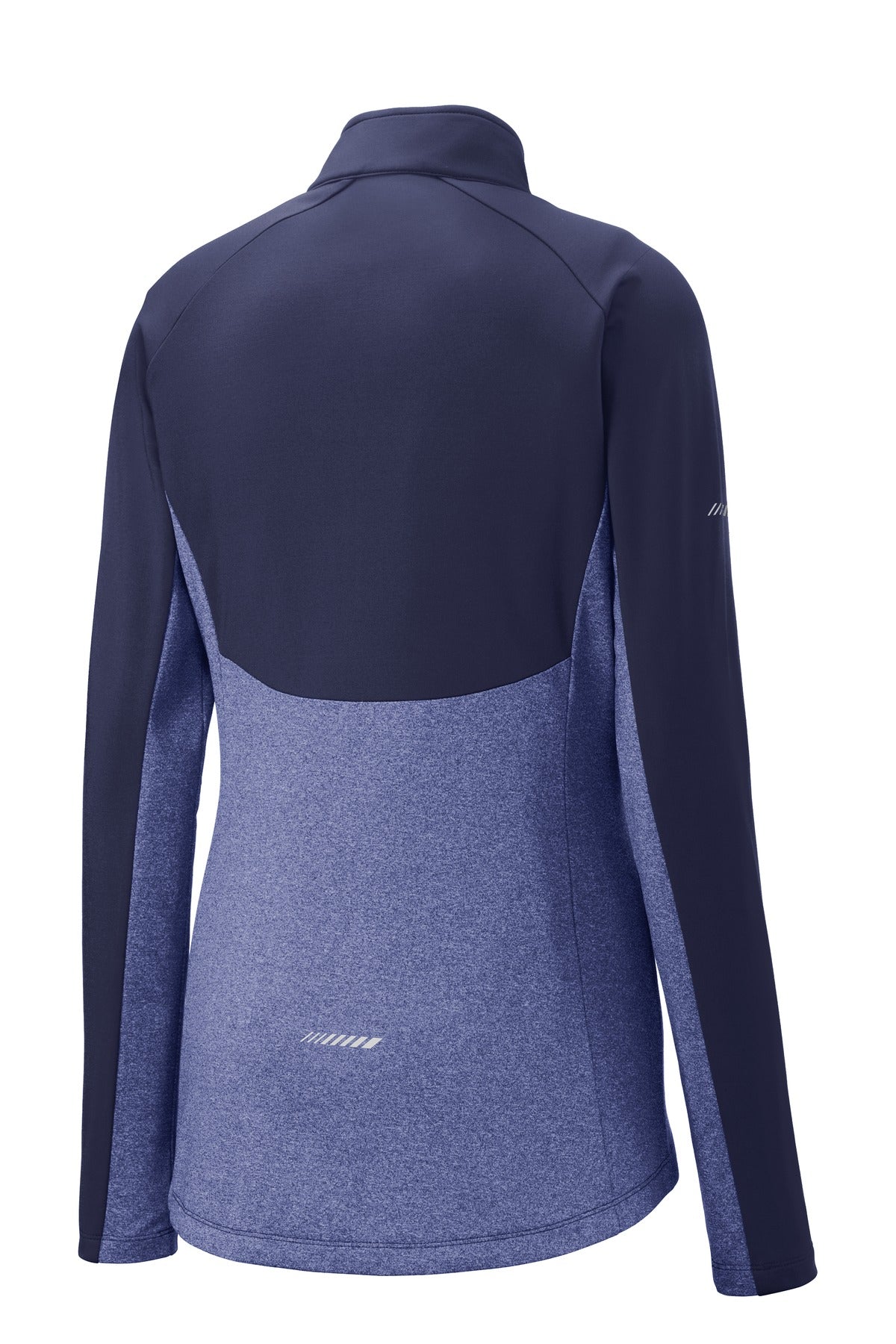 Rear View of Tr Navy/Tr NyH Sport-Tek Women's Sport-Wick Stretch Contrast 1/4-Zip Pullover. LST854