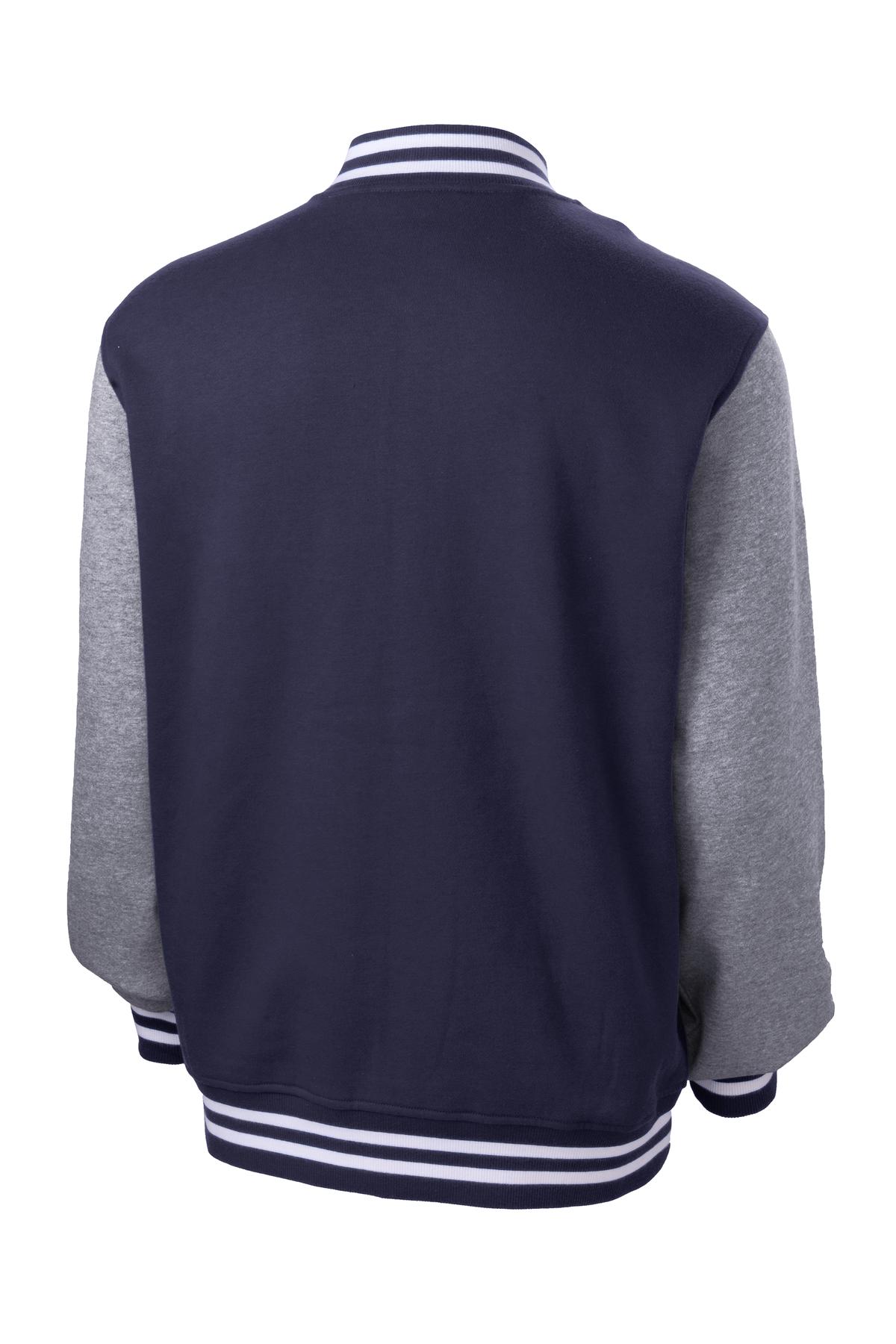 Rear View of Tr Navy/Vnt He Sport-Tek Fleece Letterman Jacket. ST270