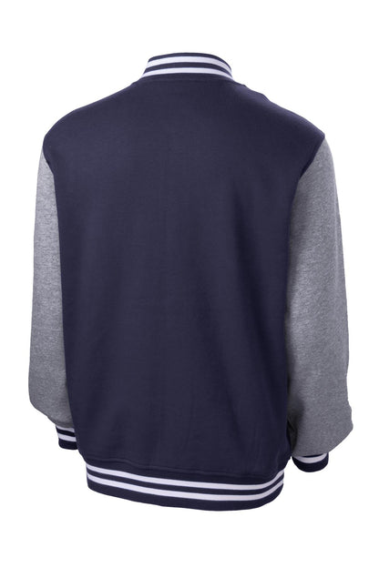 Rear View of Tr Navy/Vnt He Sport-Tek Fleece Letterman Jacket. ST270