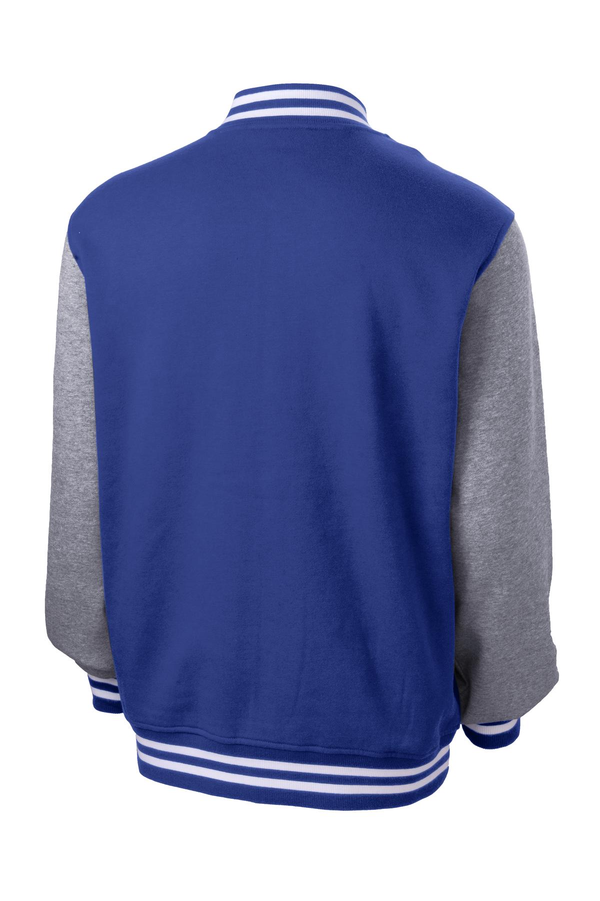 Rear View of Tr Royal/VntHe Sport-Tek Fleece Letterman Jacket. ST270