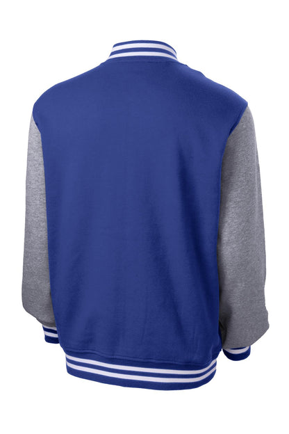 Rear View of Tr Royal/VntHe Sport-Tek Fleece Letterman Jacket. ST270