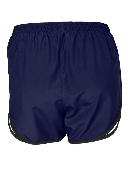 Rear View of TrNavy/Wht/Blk Sport-Tek Women's Cadence Short. LST304