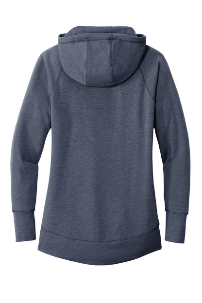Rear View of True Navy Hthr New Era Women's Tri-Blend Fleece Pullover Hoodie. LNEA510