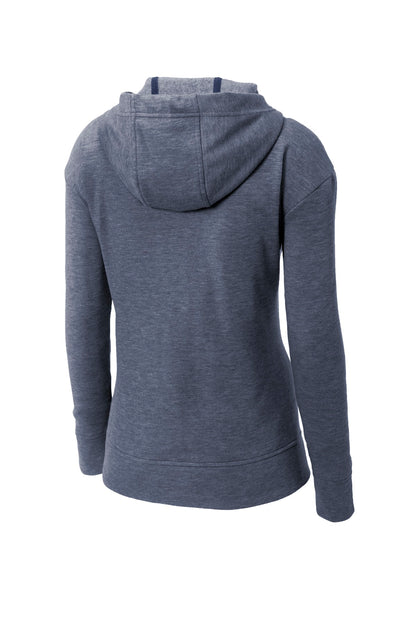 Rear View of True Navy Hthr Sport-Tek Women's PosiCharge Tri-Blend Wicking Fleece Full-Zip Hooded Jacket LST293
