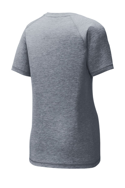 Rear View of True Navy Hthr Sport-Tek Women's PosiCharge Tri-Blend Wicking Scoop Neck Raglan Tee. LST400