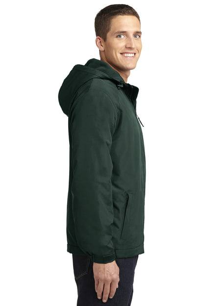 Rear View of True Navy Port Authority Hooded Charger Jacket. J327