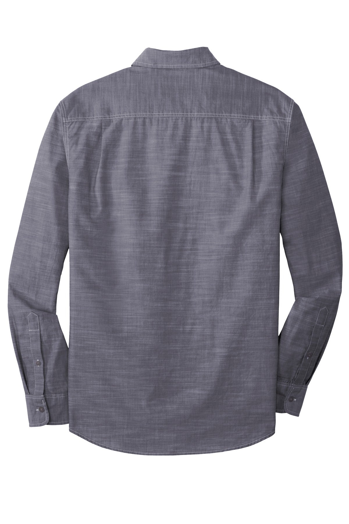 Rear View of True Navy Port Authority Slub Chambray Shirt. W380