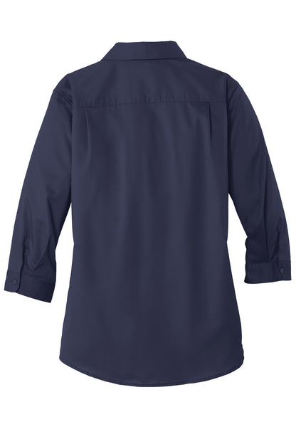 Rear View of True Navy Port Authority Women's 3/4-Sleeve SuperPro Twill Shirt. L665