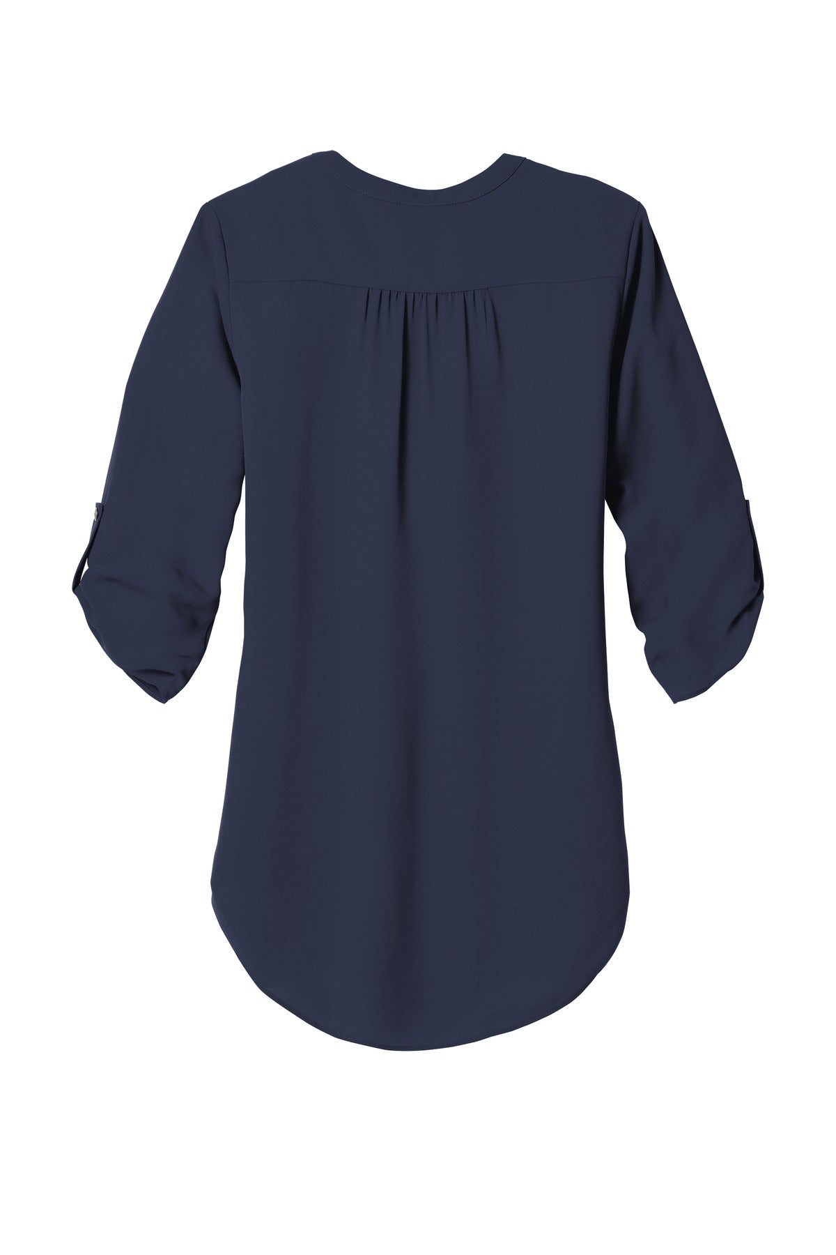 Rear View of True Navy Port Authority Women's 3/4-Sleeve Tunic Blouse. LW701