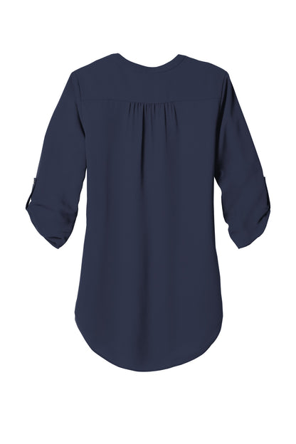 Rear View of True Navy Port Authority Women's 3/4-Sleeve Tunic Blouse. LW701