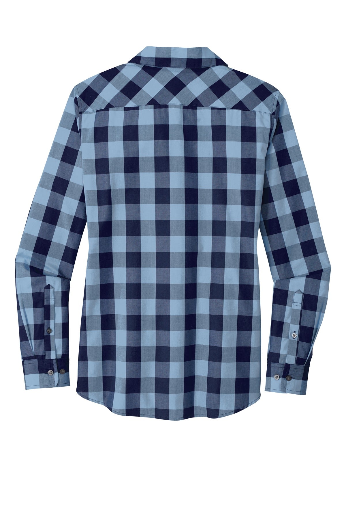 Rear View of True Navy Port Authority Women's Everyday Plaid Shirt. LW670