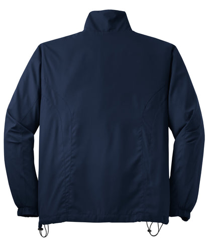Rear View of True Navy Sport-Tek Full-Zip Wind Jacket. JST70
