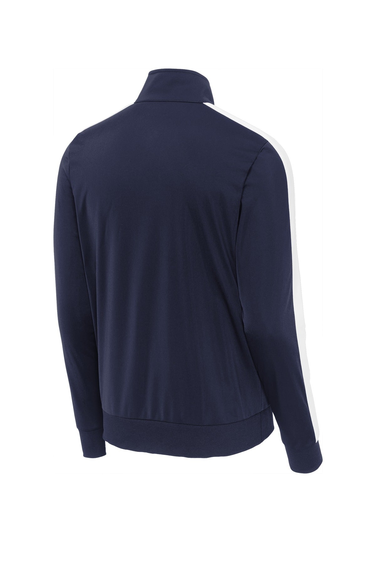 Rear View of True Navy/Wht Sport-Tek Tricot Sleeve Stripe Track Jacket. JST94