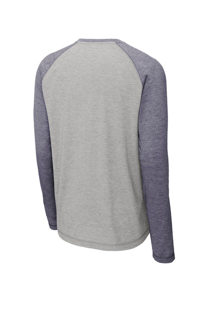 Rear View of True Nvy H/LGH Sport-Tek PosiCharge Long Sleeve Tri-Blend Wicking Raglan Tee ST400LS