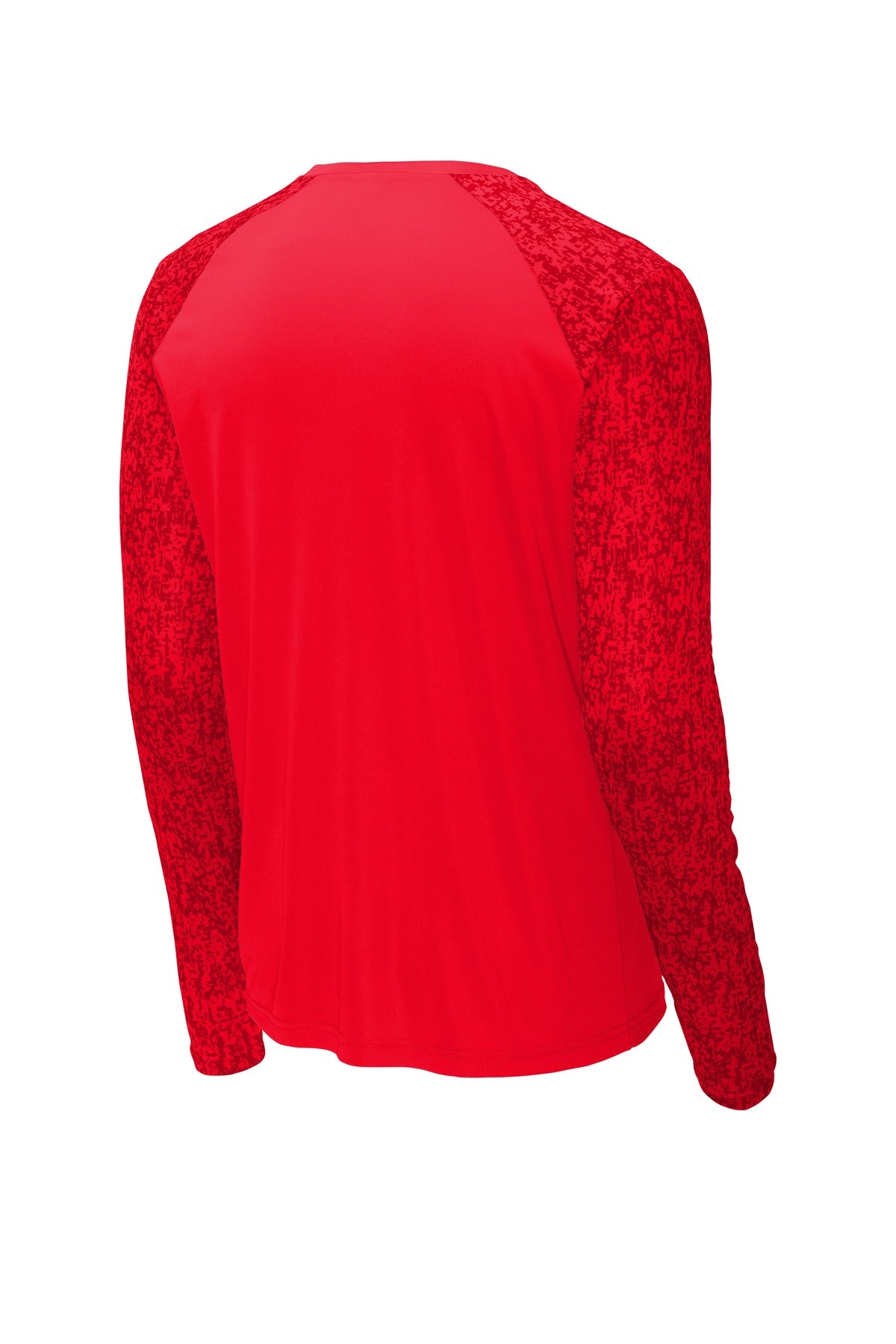 Rear View of True Red Sport-Tek Long Sleeve Digi Camo Tee. ST460LS