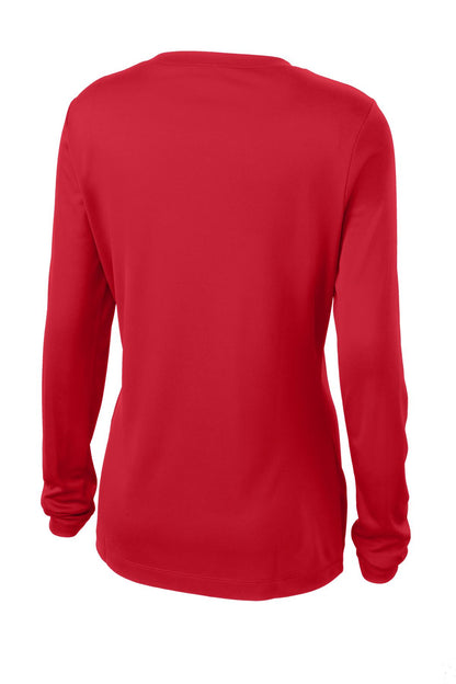 Rear View of True Red Sport-Tek Women's Long Sleeve PosiCharge Competitor V-Neck Tee. LST353LS