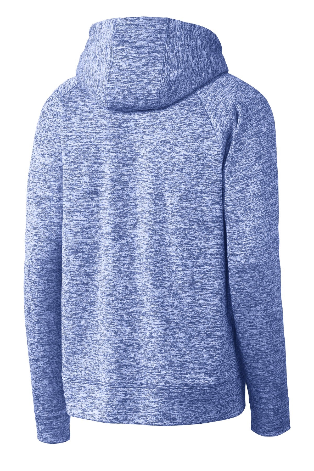 Rear View of True Royal Ele Sport-Tek PosiCharge Electric Heather Fleece Hooded Pullover. ST225