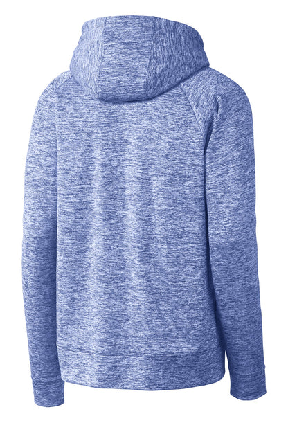 Rear View of True Royal Ele Sport-Tek PosiCharge Electric Heather Fleece Hooded Pullover. ST225