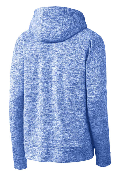 Rear View of True Royal Ele Sport-Tek Youth PosiCharge Electric Heather Fleece Hooded Pullover. YST225