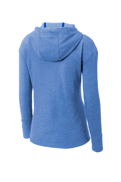 Rear View of True Royal Hth Sport-Tek Women's PosiCharge Tri-Blend Wicking Fleece Full-Zip Hooded Jacket LST293