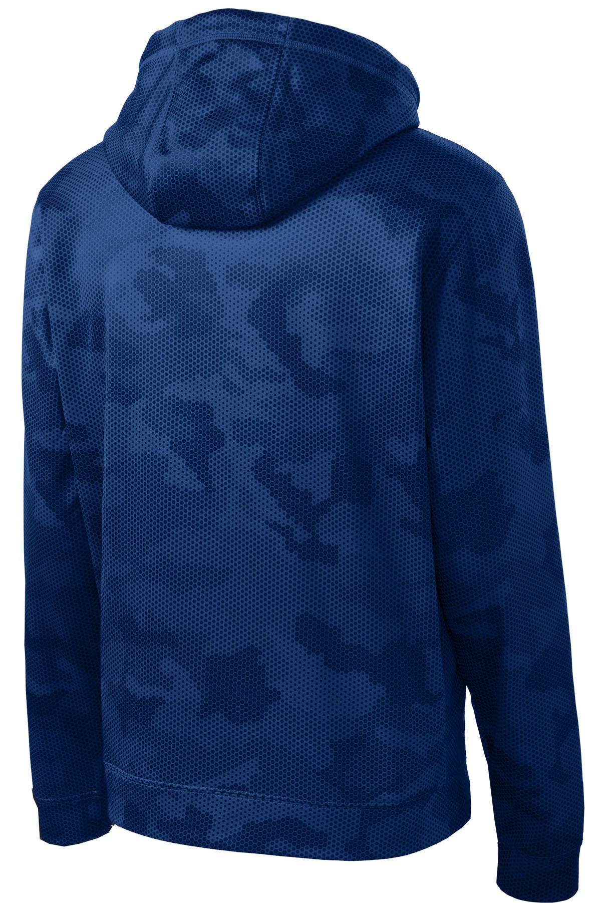 Rear View of True Royal Sport-Tek Youth Sport-Wick CamoHex Fleece Hooded Pullover. YST240