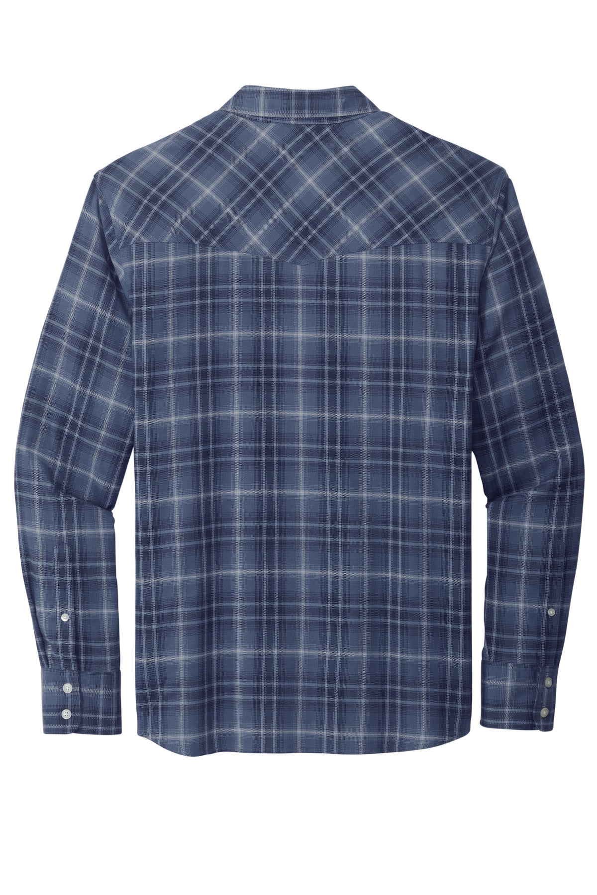 Rear View of TrueNavy Port Authority Long Sleeve Ombre Plaid Shirt W672