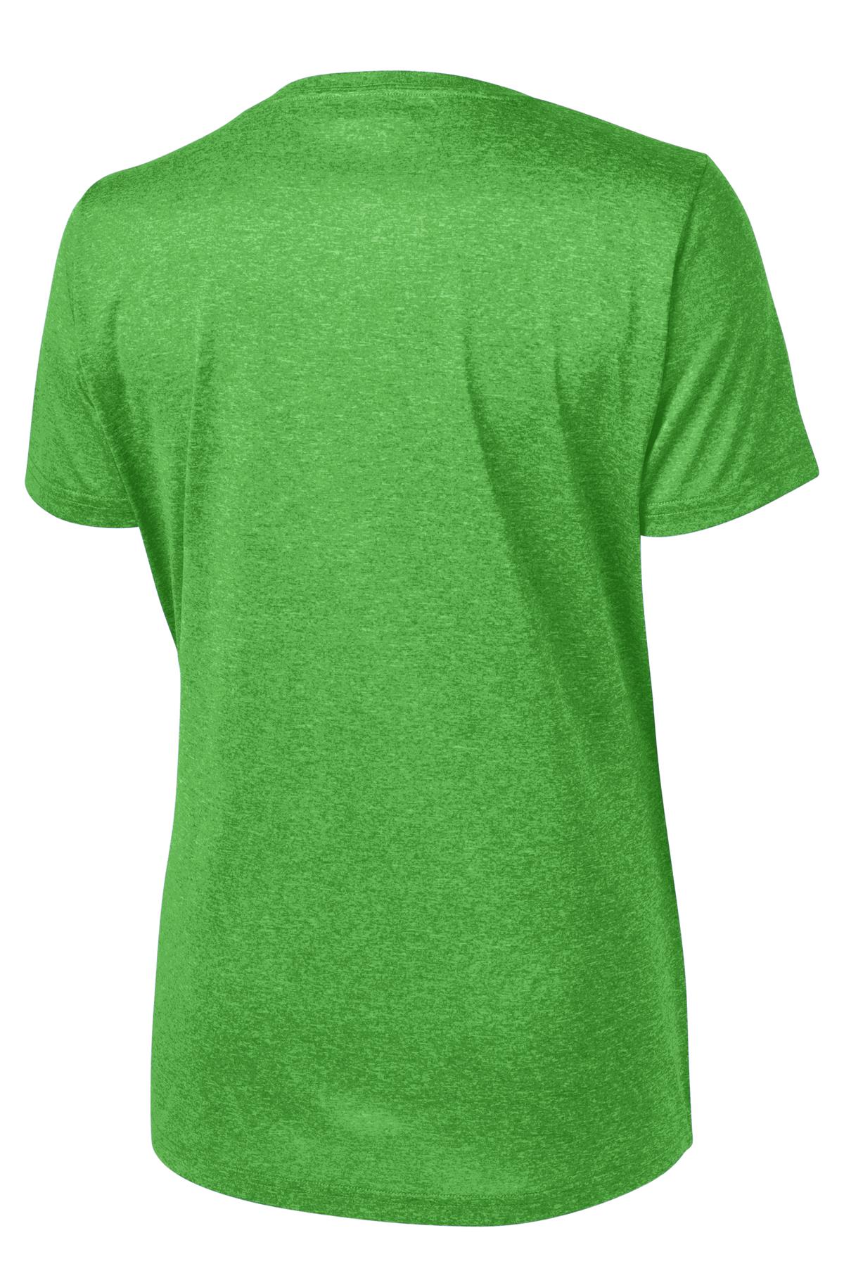 Rear View of Turf Grn Hthr Sport-Tek Women's Heather Contender Scoop Neck Tee. LST360