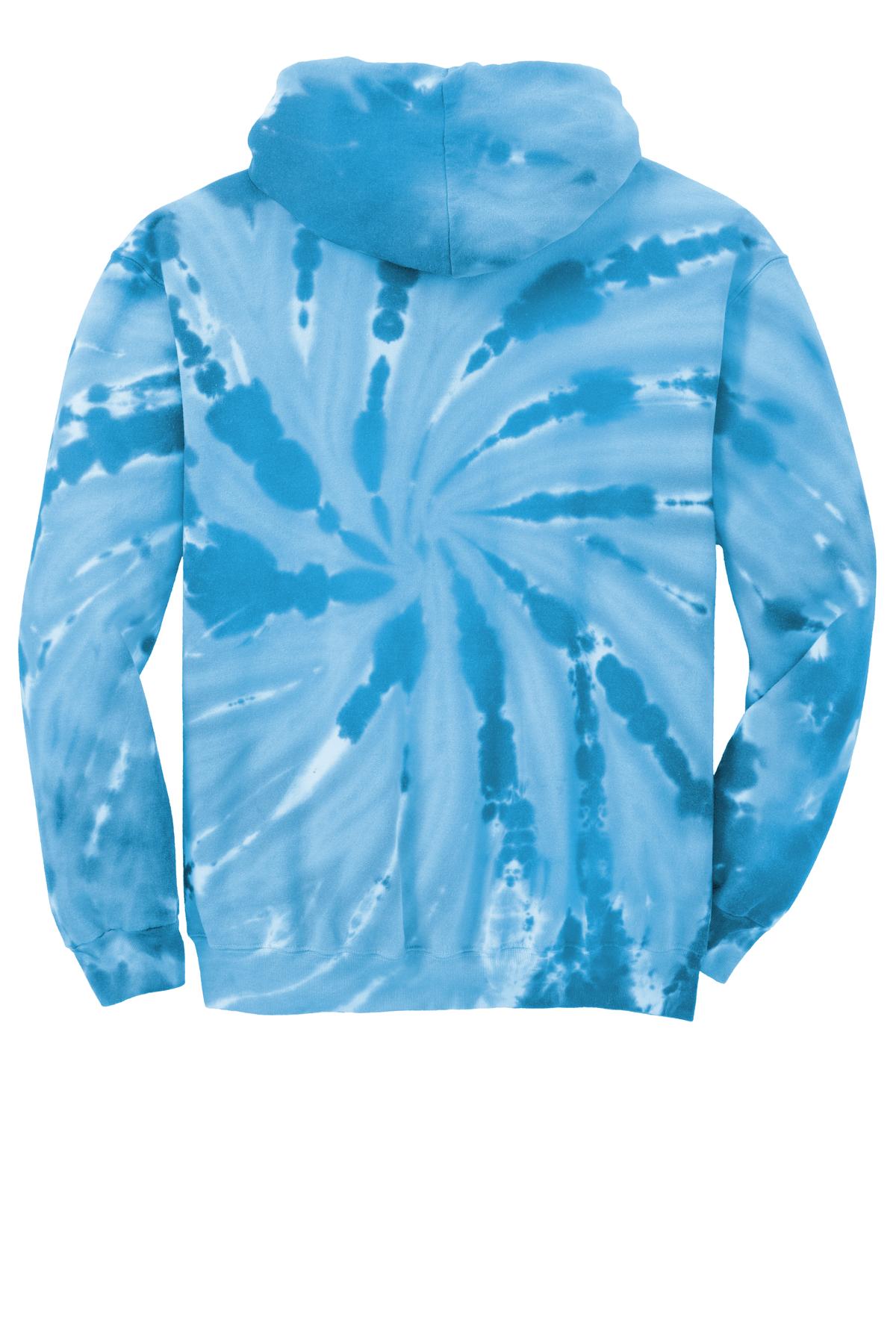 Rear View of Turquoise Port & Company Youth Tie-Dye Pullover Hooded Sweatshirt. PC146Y