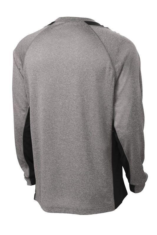 Rear View of Vnt He/Black Sport-Tek Long Sleeve Heather Colorblock Contender Tee. ST361LS