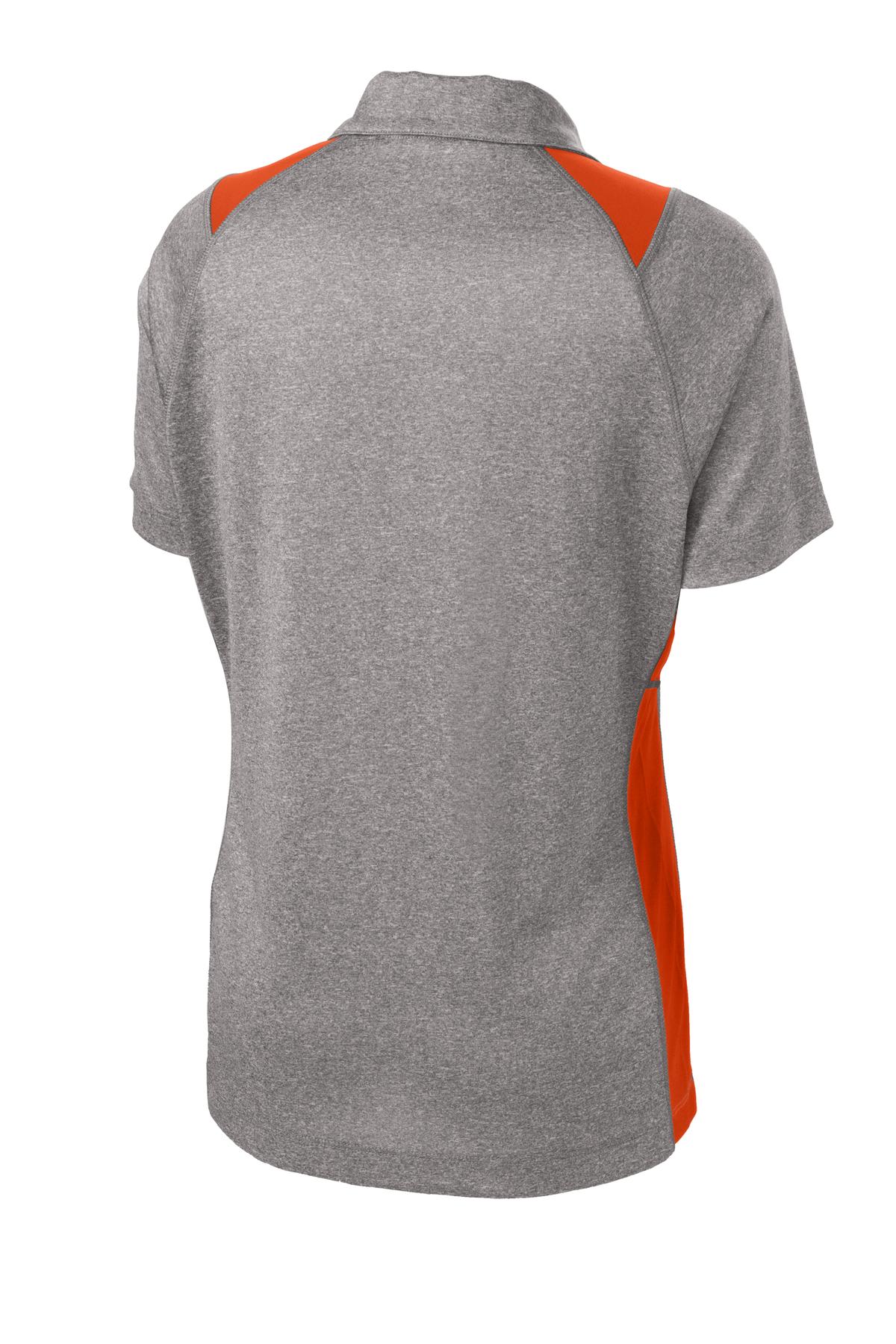 Rear View of Vnt He/Dp Orng Sport-Tek Women's Heather Colorblock Contender Polo. LST665