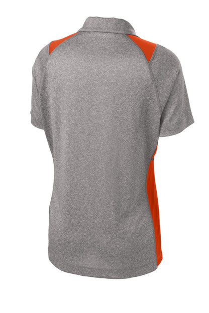 Rear View of Vnt He/Dp Orng Sport-Tek Women's Heather Colorblock Contender Polo. LST665