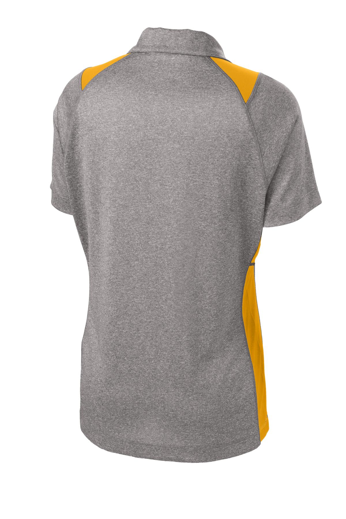 Rear View of Vnt He/Gold Sport-Tek Women's Heather Colorblock Contender Polo. LST665
