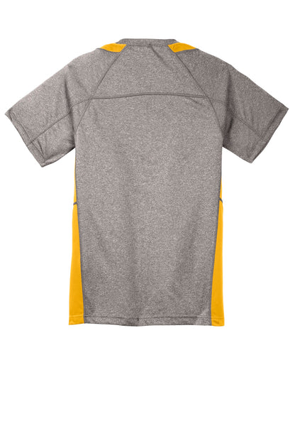 Rear View of Vnt He/Gold Sport-Tek Youth Heather Colorblock Contender Tee. YST361