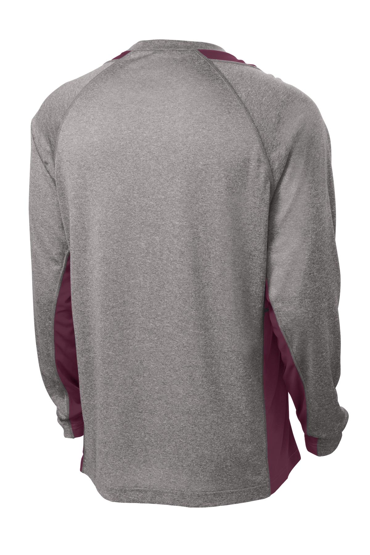 Rear View of Vnt He/Maroon Sport-Tek Long Sleeve Heather Colorblock Contender Tee. ST361LS