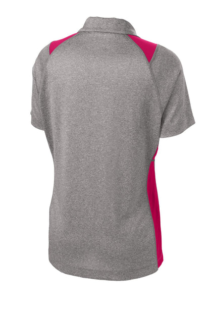 Rear View of Vnt He/Pink Rs Sport-Tek Women's Heather Colorblock Contender Polo. LST665