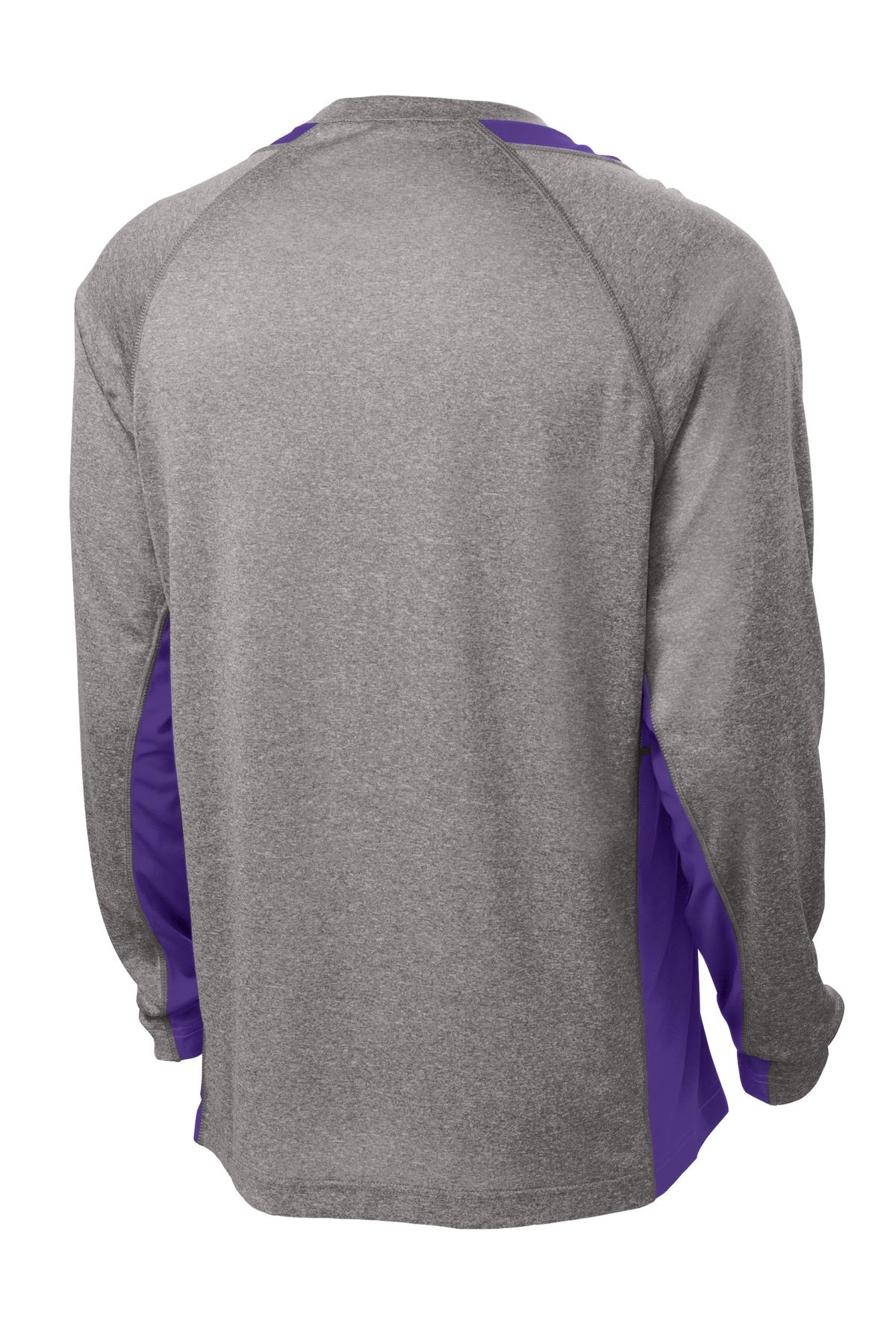 Rear View of Vnt He/Purple Sport-Tek Long Sleeve Heather Colorblock Contender Tee. ST361LS