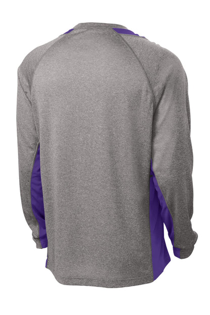 Rear View of Vnt He/Purple Sport-Tek Long Sleeve Heather Colorblock Contender Tee. ST361LS