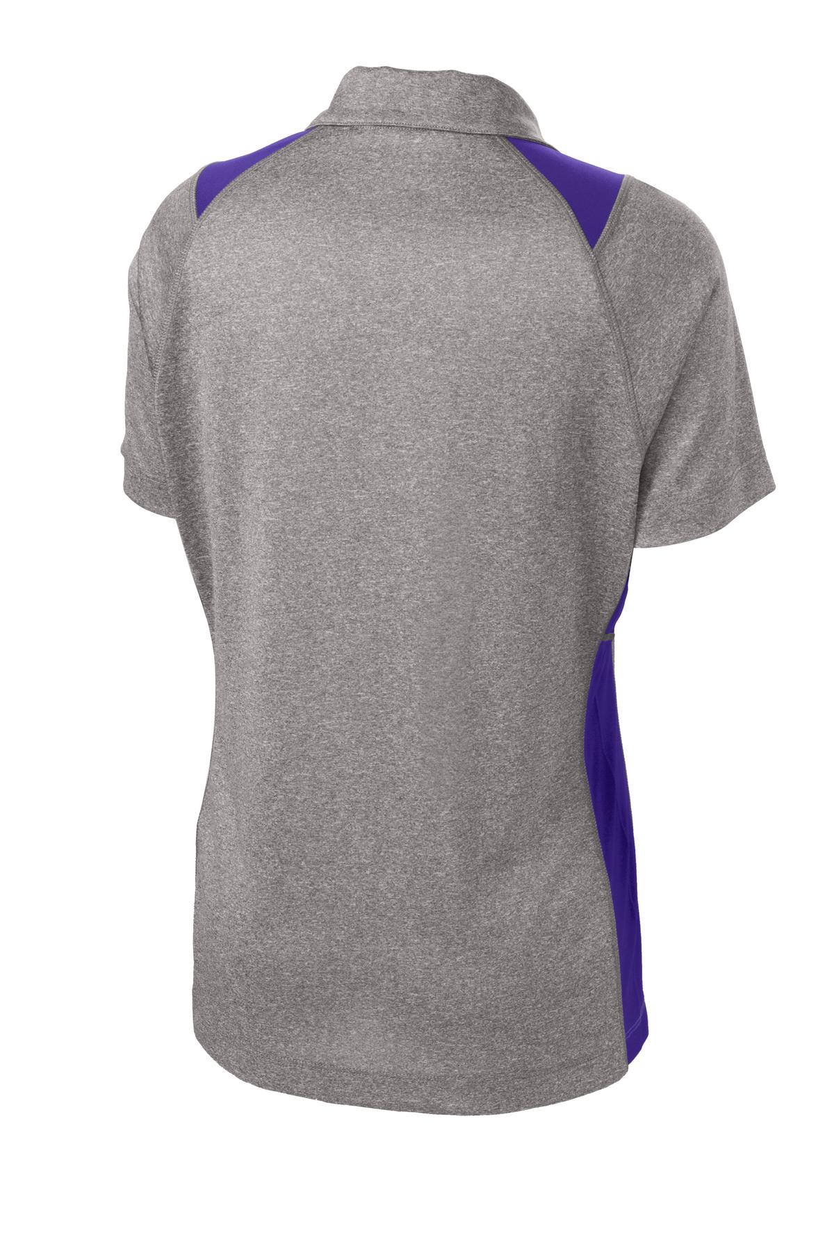 Rear View of Vnt He/Purple Sport-Tek Women's Heather Colorblock Contender Polo. LST665