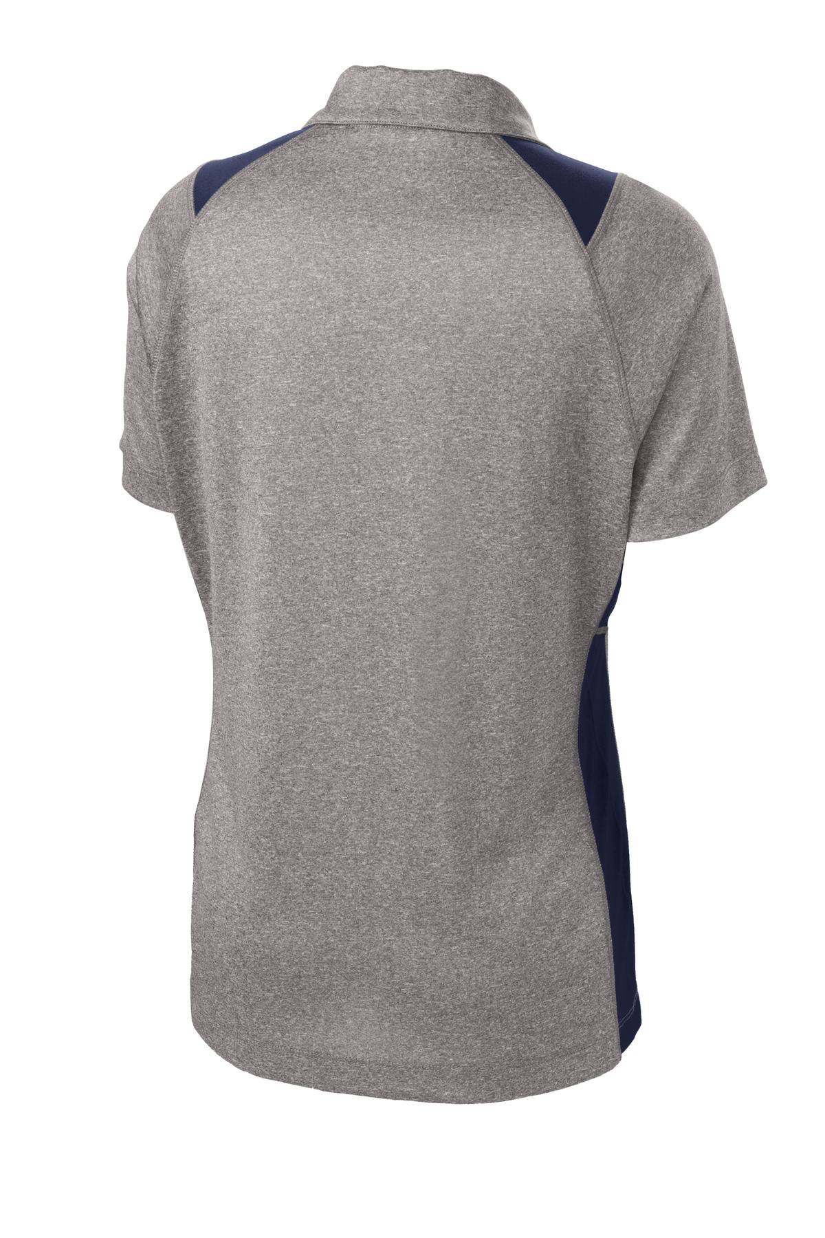 Rear View of Vnt He/Tr Navy Sport-Tek Women's Heather Colorblock Contender Polo. LST665