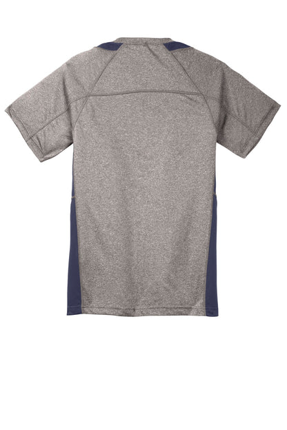 Rear View of Vnt He/Tr Navy Sport-Tek Youth Heather Colorblock Contender Tee. YST361