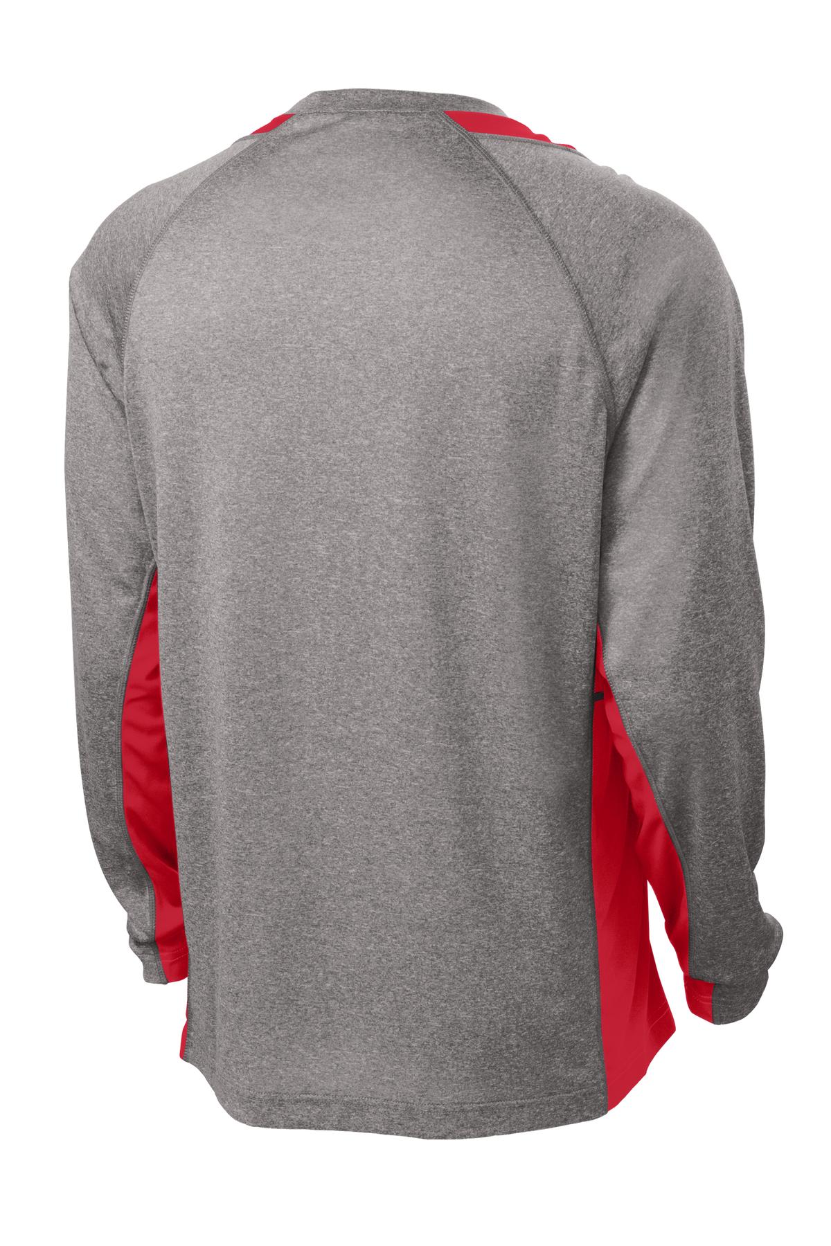 Rear View of Vnt He/Tr Red Sport-Tek Long Sleeve Heather Colorblock Contender Tee. ST361LS