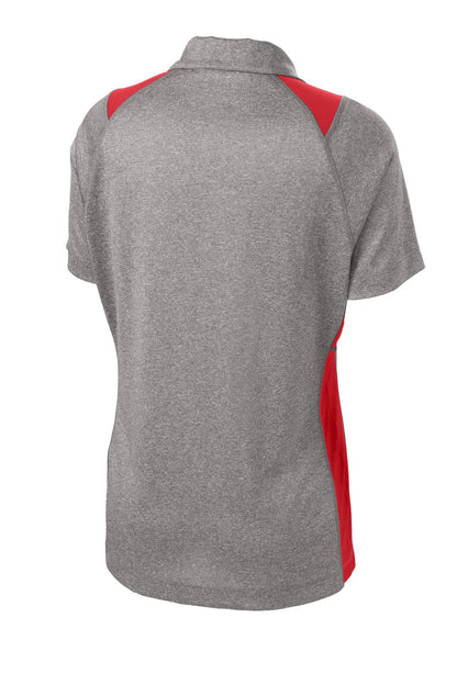 Rear View of Vnt He/Tr Red Sport-Tek Women's Heather Colorblock Contender Polo. LST665