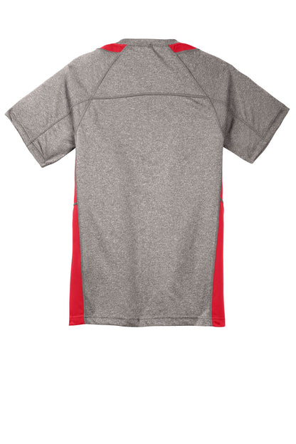 Rear View of Vnt He/Tr Red Sport-Tek Youth Heather Colorblock Contender Tee. YST361