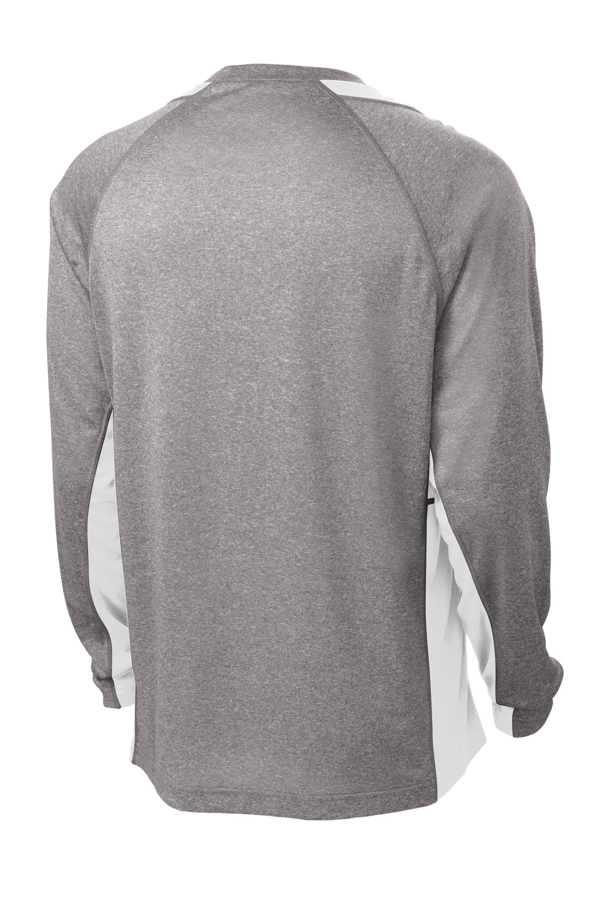 Rear View of Vnt He/White Sport-Tek Long Sleeve Heather Colorblock Contender Tee. ST361LS