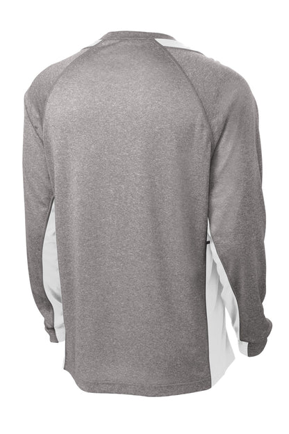 Rear View of Vnt He/White Sport-Tek Long Sleeve Heather Colorblock Contender Tee. ST361LS