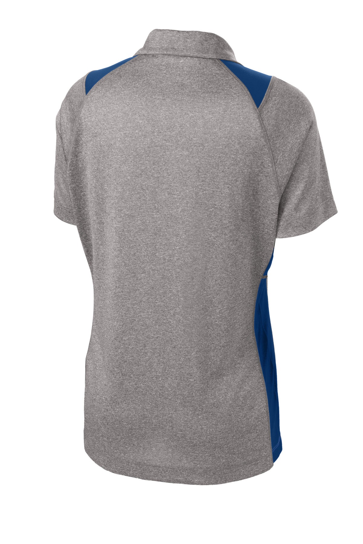 Rear View of VtgHthr/Ry Sport-Tek Women's Heather Colorblock Contender Polo. LST665