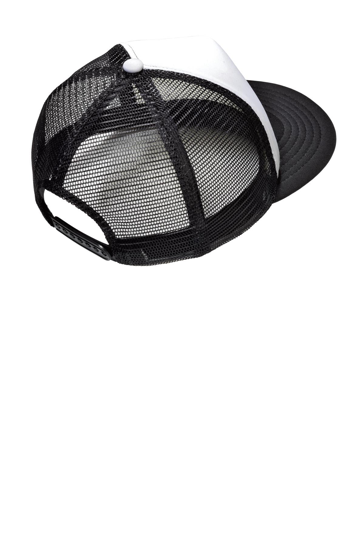 Rear View of White District Flat Bill Snapback Trucker Cap. DT624