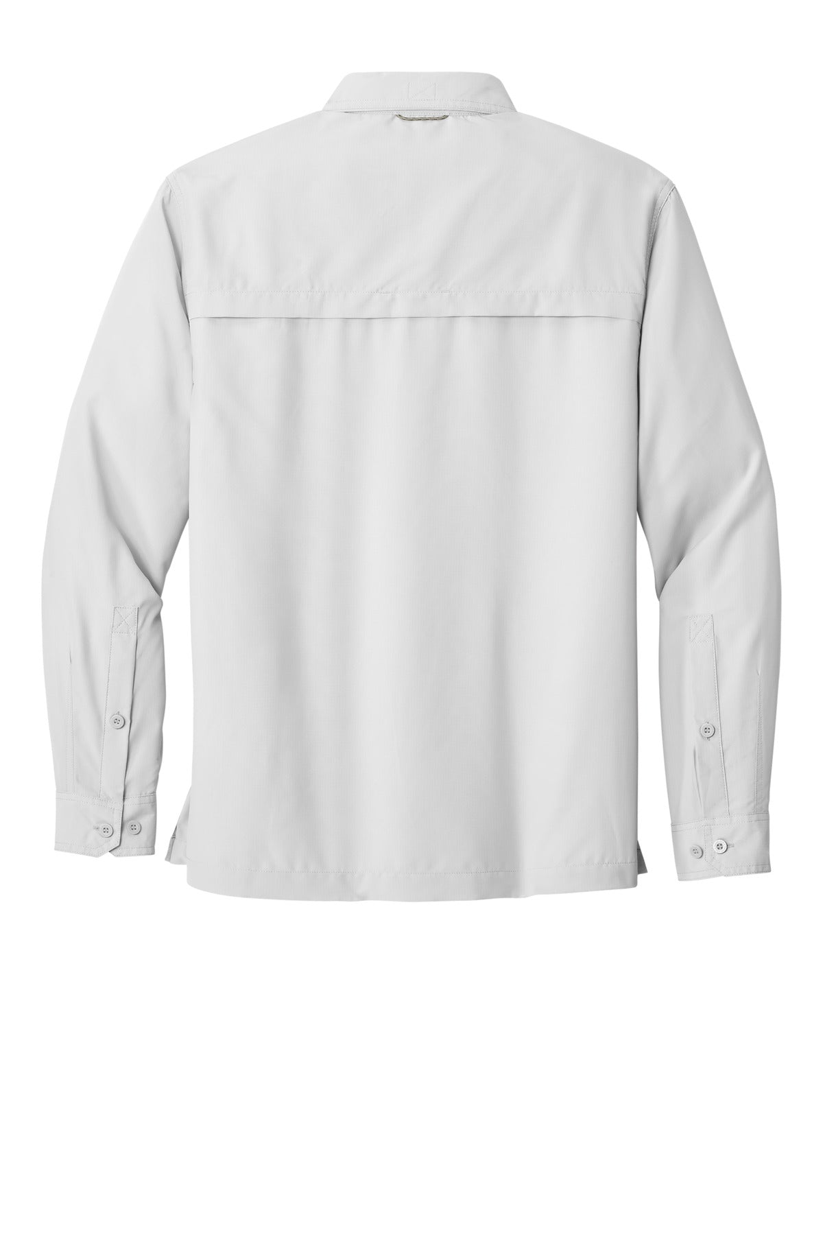 Rear View of White Eddie Bauer - Long Sleeve Performance Fishing Shirt. EB600