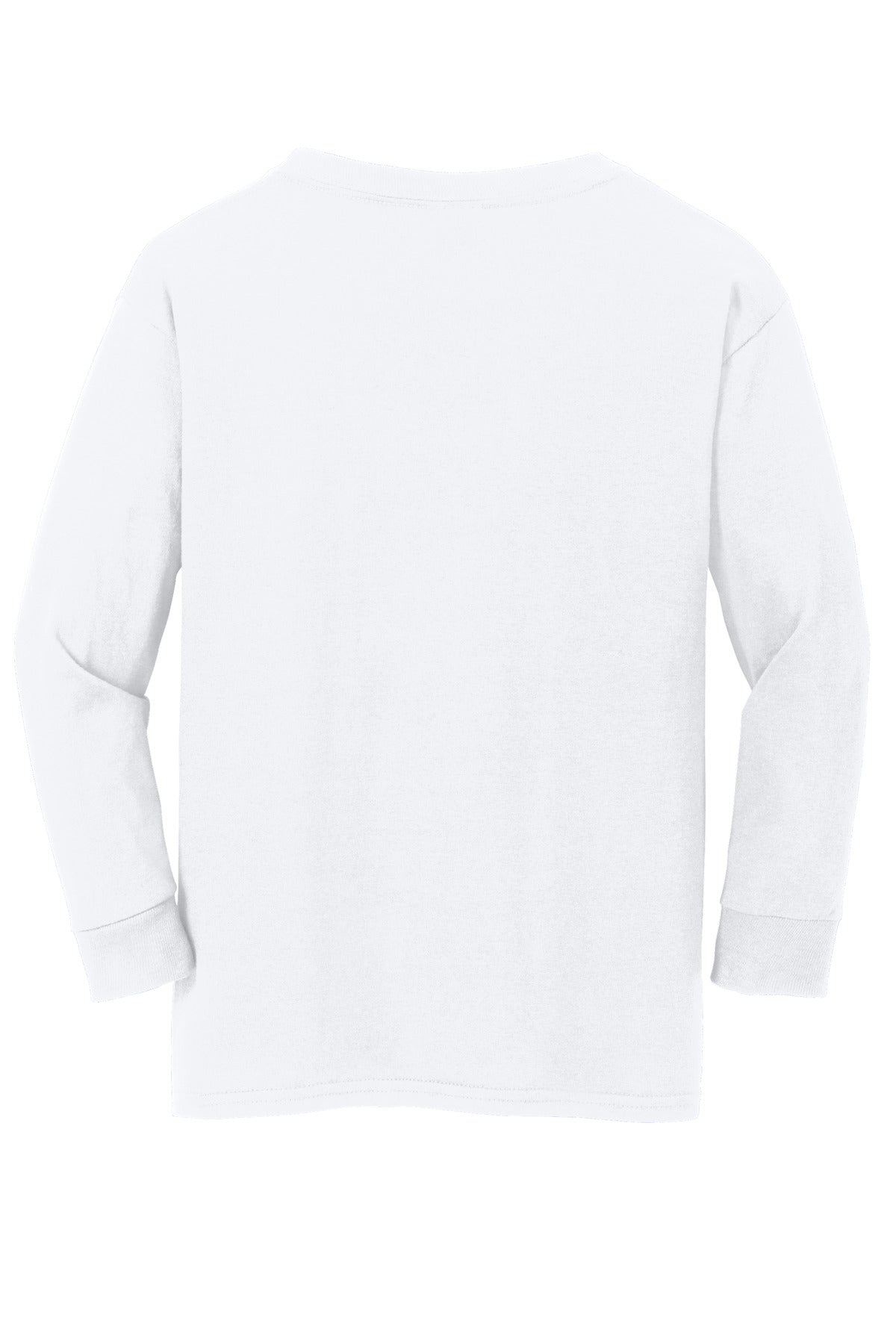 Rear View of White Gildan Youth Heavy Cotton 100% Cotton Long Sleeve T-Shirt. 5400B