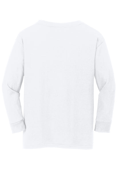 Rear View of White Gildan Youth Heavy Cotton 100% Cotton Long Sleeve T-Shirt. 5400B